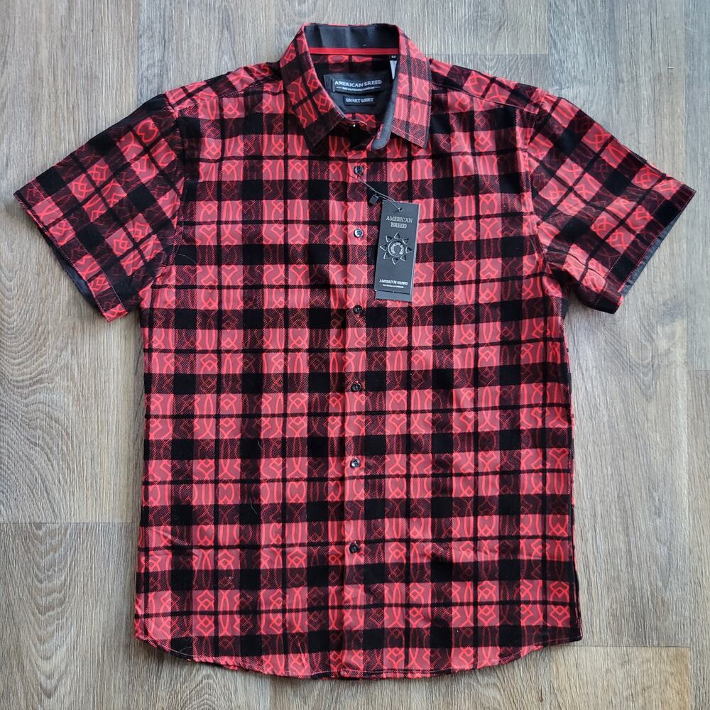 American Breed Red and Black Men's Short Sleeve Button Top Size Medium